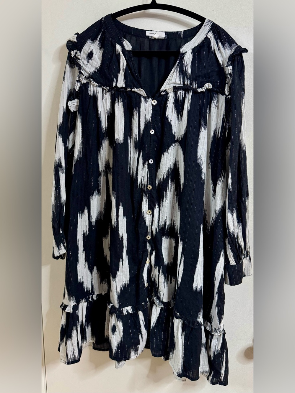 Button-Front Black & White Patterned Midi Dress